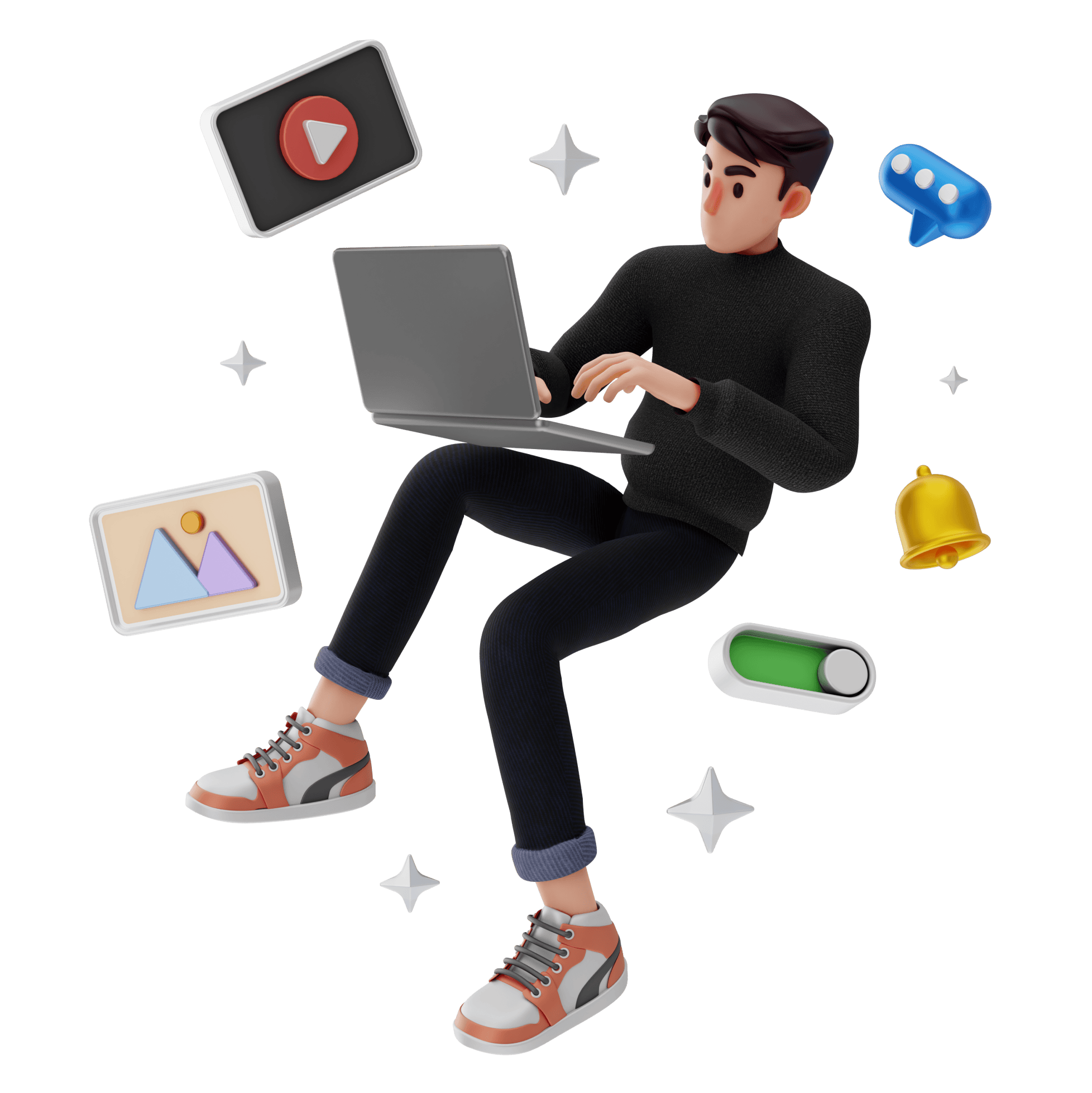 A 3D illustration of an animated character focused on his laptop; floating among digital icons symbolizing software tasks.