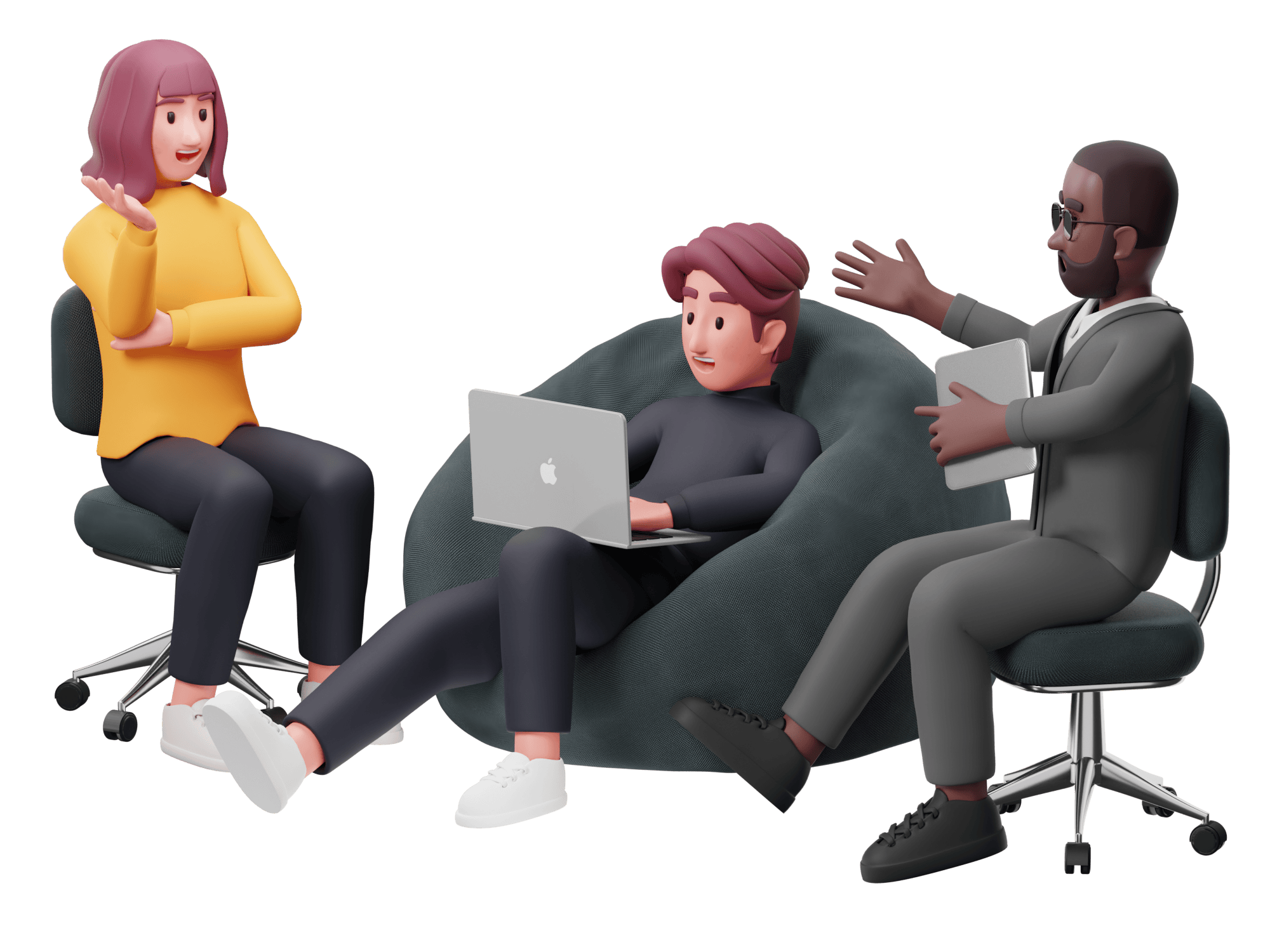A 3D illustration of three animated characters engaged in a business meeting.