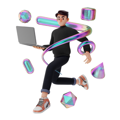 A 3D illustration of an animated male character in mid-air, surrounded by glowing geometric shapes like spheres and rings.